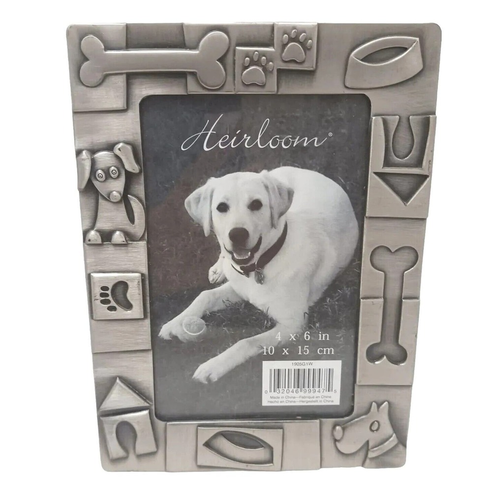 DOG Photo Frame 7x6" Metal Silver Pewter Toned Relief 3D Dog Bone Hous Vertical‎